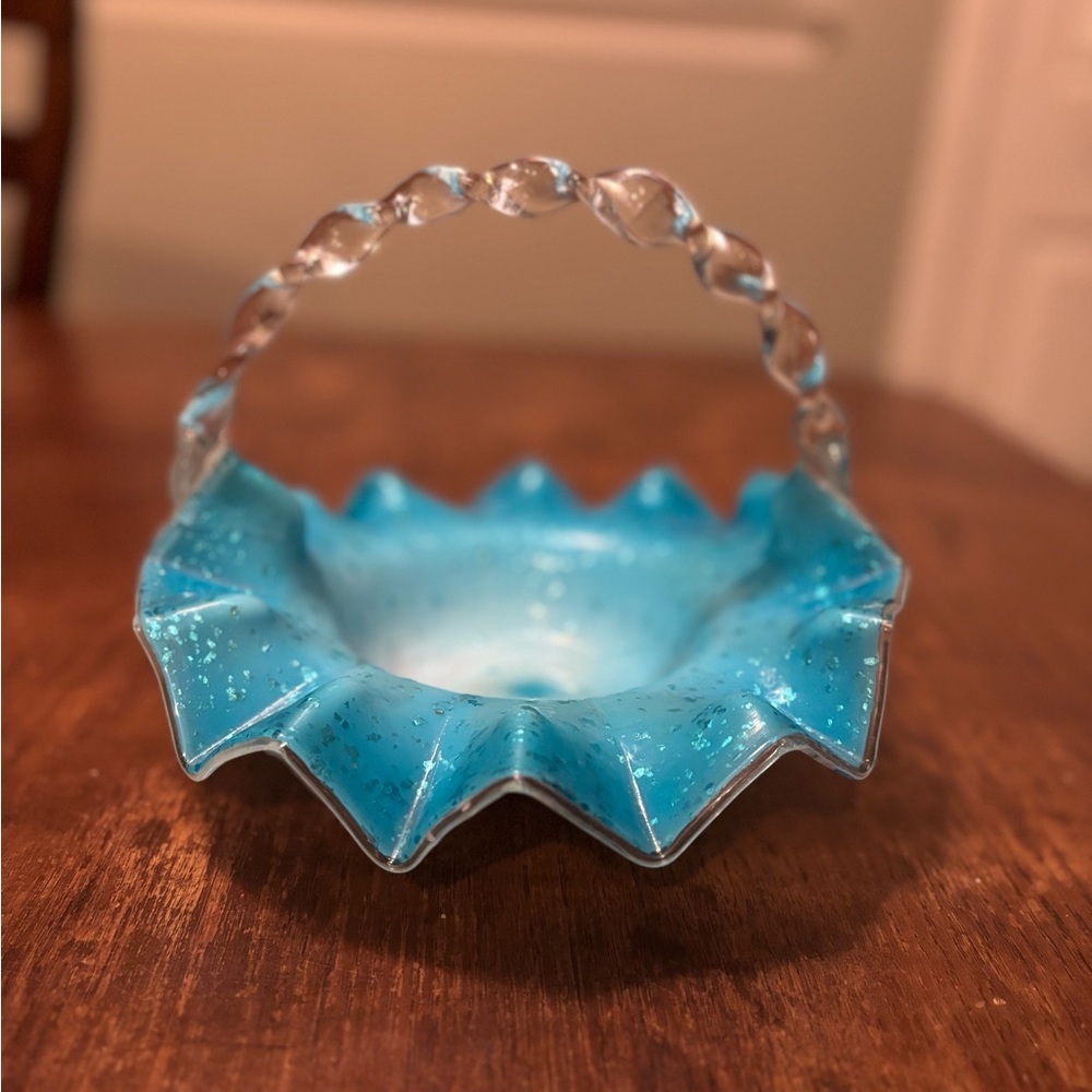 Victorian Glass Basket Blue Spangle with Thorn Handle‎ Handblown